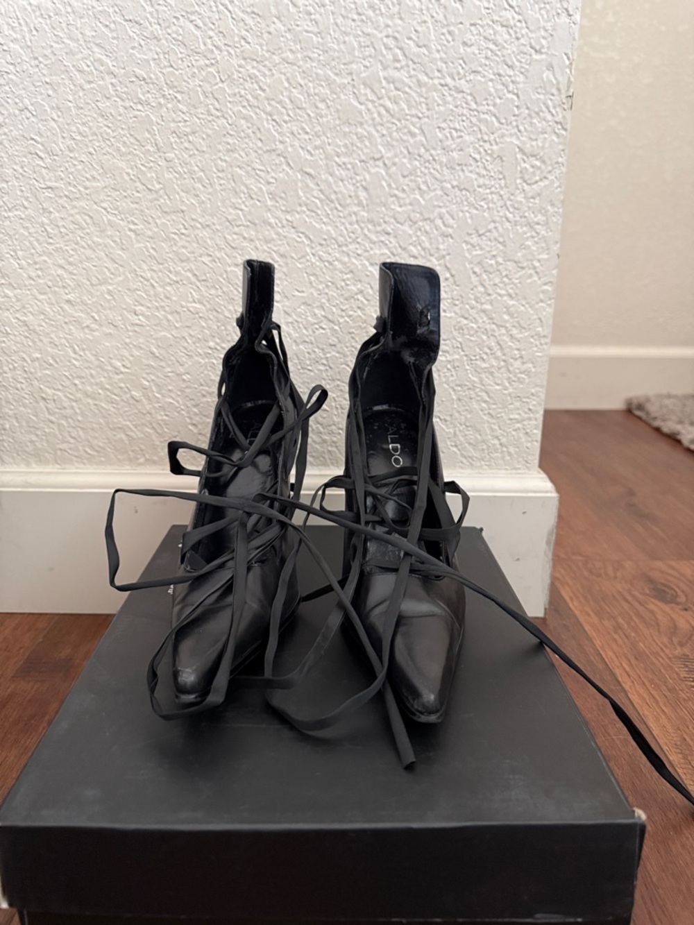 ALDO Black Pointed Lace-Up Ankle Heeled Boots with Wrap Ties